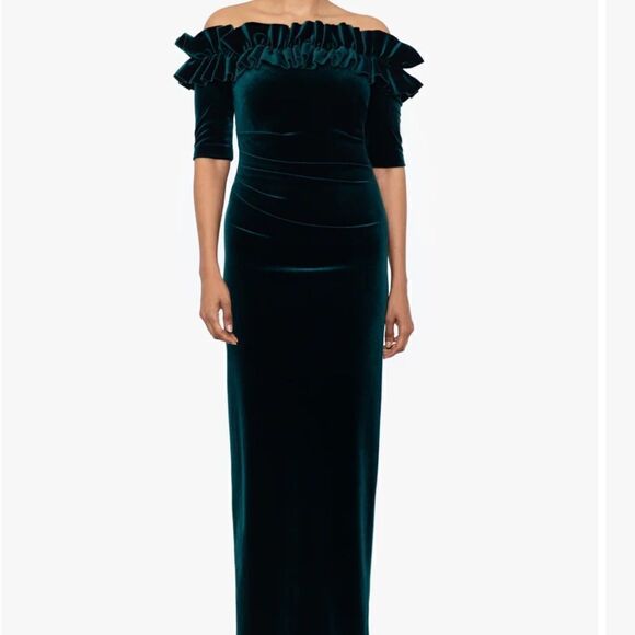 Xscape "TIFFANY" LONG VELVET 3/4 SLEEVE RUFFLE TOP DRESS - Picture 1 of 6